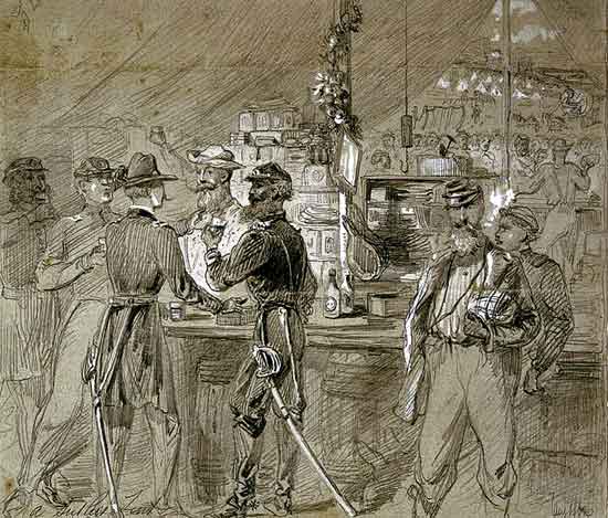 Illustration of a sutler's tent by Arthur Lumley