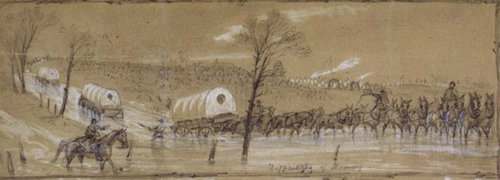 sketch of wagons in bad weather