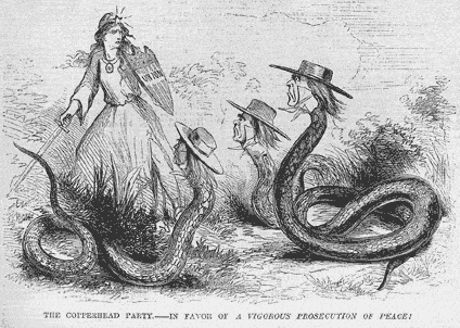 Cartoon showing copperheads threatening the Union