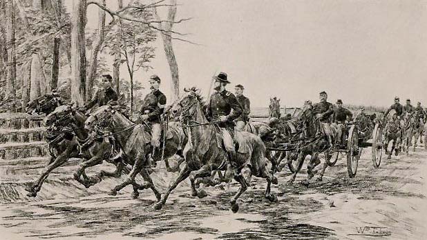 William Trego illustration of a battery riding out on the road