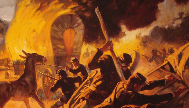 Federals burning Confederate Wagons