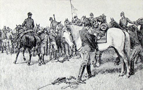 Rufus Zogbaum sketch of Cavalry Mounting Up