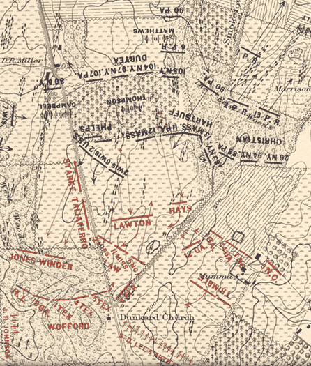 Battle Map shows attack of Hartsuff's Brigade.