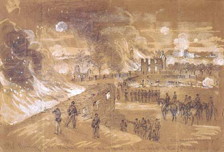 A.R. Waud sketch of Mumma Farm ablaze