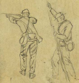 Drawing of men firing and loading by A.R. Waud