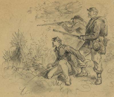 Three Soldiers in Action by Alfred Waud