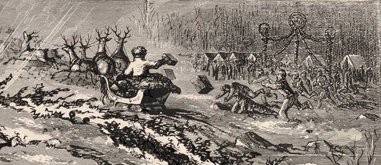 Santa delivers boxes to soldiers in camp, Harpers 1863