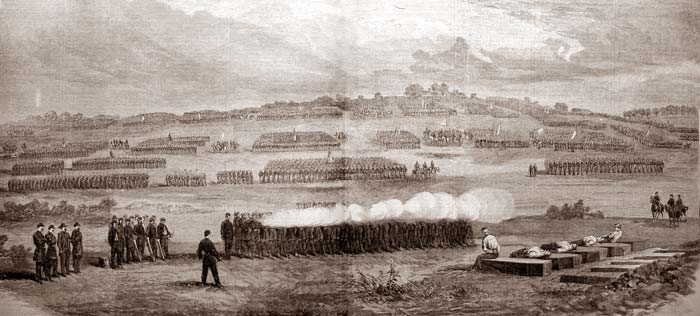 Execution of Five Deserters, sketched by A. Waud, engraved for Harpers Weekly