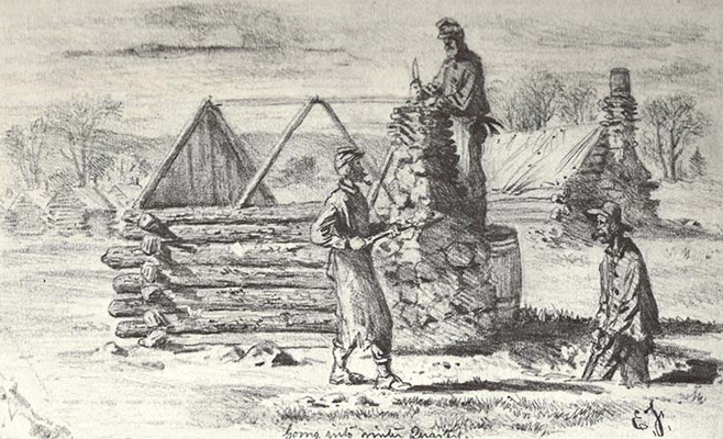 Edwin Forbes sketch of 3 soldiers building a winter hut