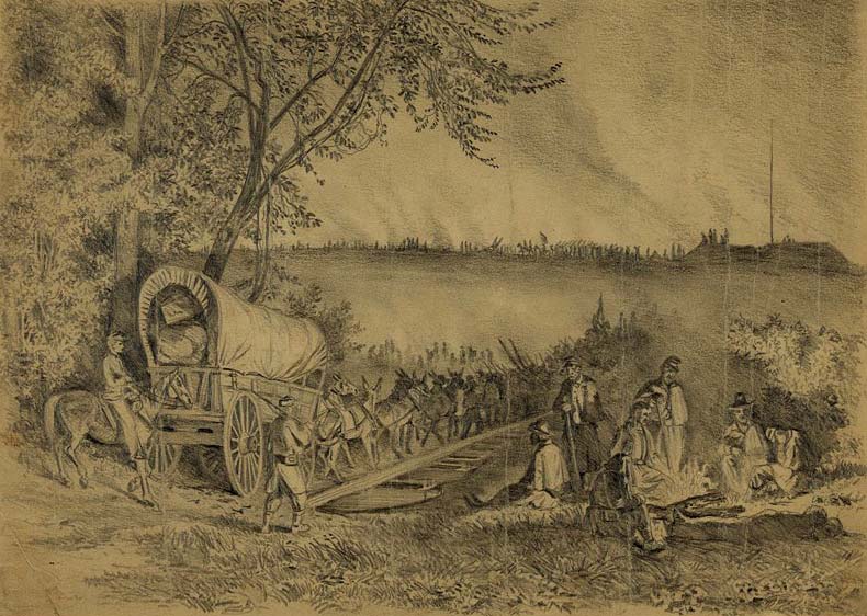 Edwin Forbes sketch of Troops and wagons crossing the Rappahannock at night