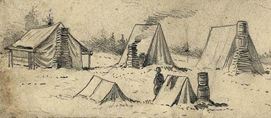 Edwin Forbes sketch of various tents and huts in camp