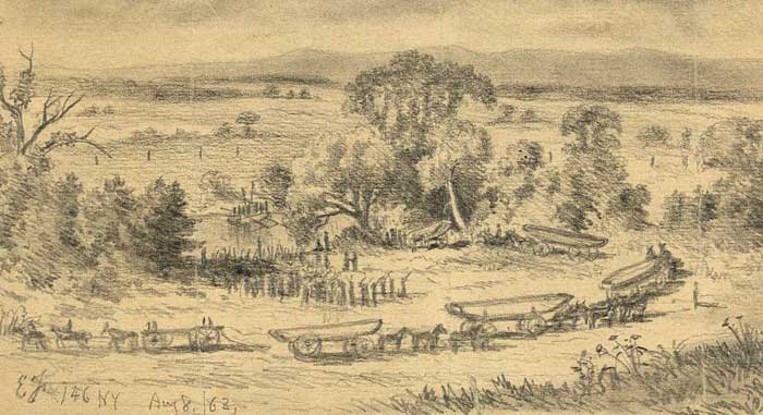 Edwin Forbes sketch of pontoons brought to river, Aug., 1863