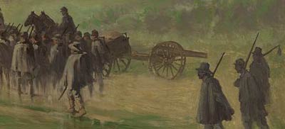 detail of Edwin Forbes painting, soldiers marching in the rain.