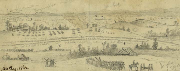 The right half of Edwin Forbes 1862 sketch of Rappahannock Station