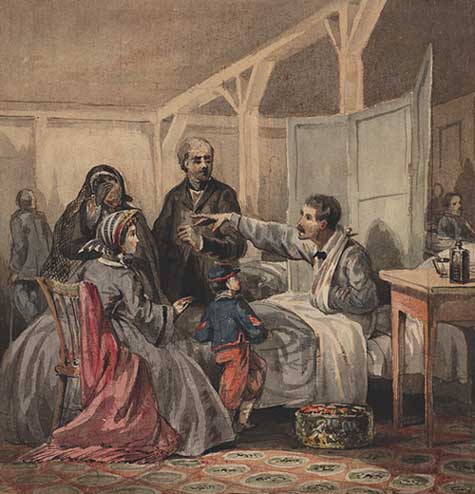 Illustration of wouned man surrounded by family