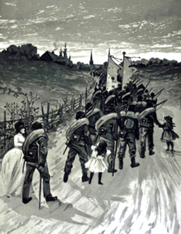 Louis K. Harlow Illustration, children marching with soldiers