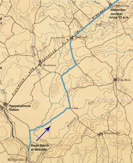 Map of 1st part of march, October 13, 1863, Kellys Ford to Warrenton Junction