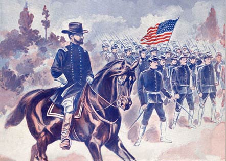 colorful graphic of soldiers marching