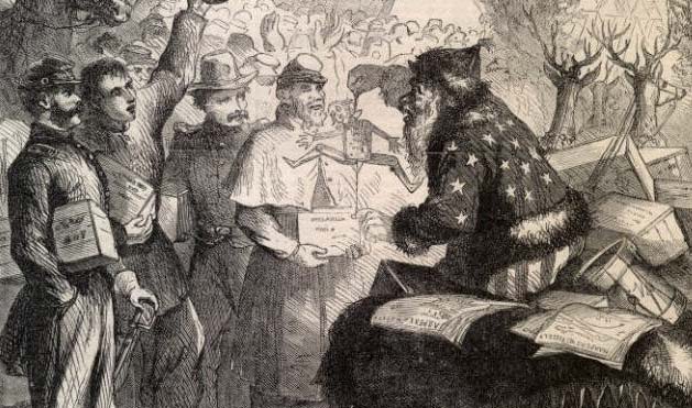 Thomas Nast illustration of Santa distributing boxes to soldiers