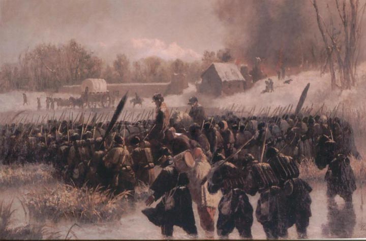 Painting by Giovanni Ponticelli of soldiers marching in winter
