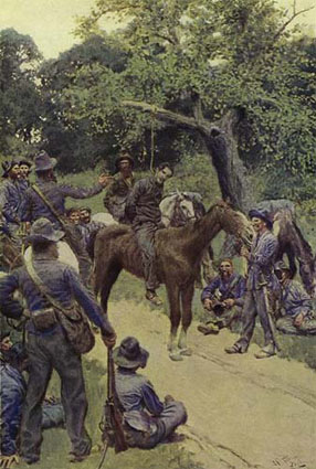 Howard Pyle Illustration of a hanging, tinted in photoshop