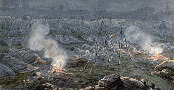 James Fuller Queen watercolor of men bivouacked on the ground