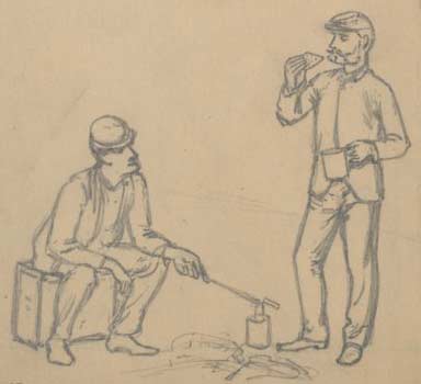 Charles Reed sketch of two men with coffee