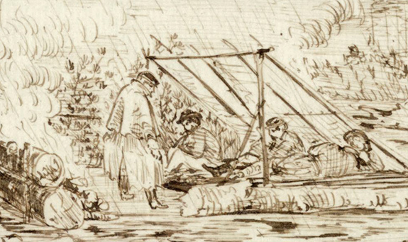 Charles Reed sketch of picket shelter in rain