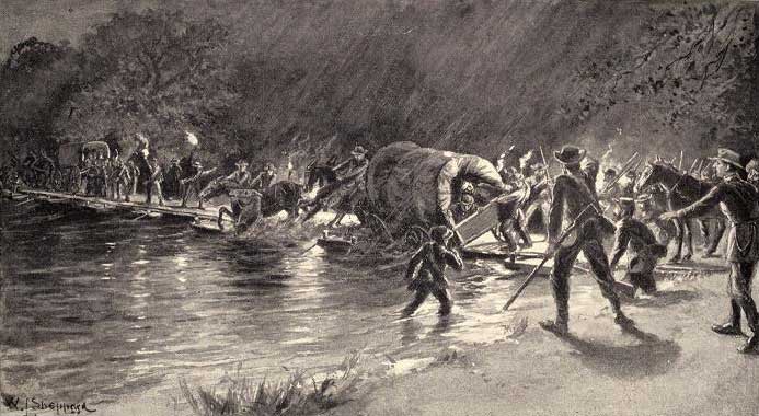 W.L. Sheppard illustration of Lee's Army Crossing the Potomac at night.