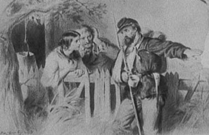 Illustration of a soldier talking with civilian couple