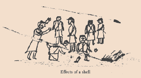 Austin Stearns sketch of a shell striking 3 comrades