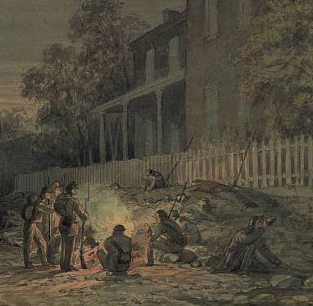 Illustration of soldiers camping in a street