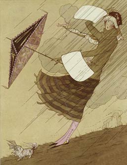 illustration of girl with umbrella in rainstorm