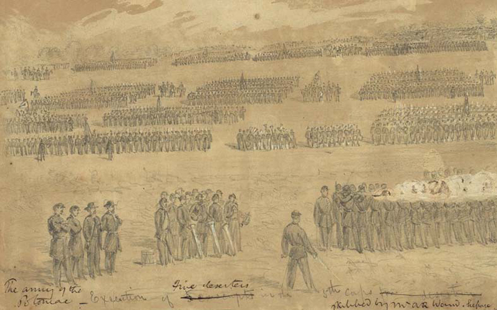 A.R. Waud's sketch of the execution of 5 deserters.  1/2 panel missing.