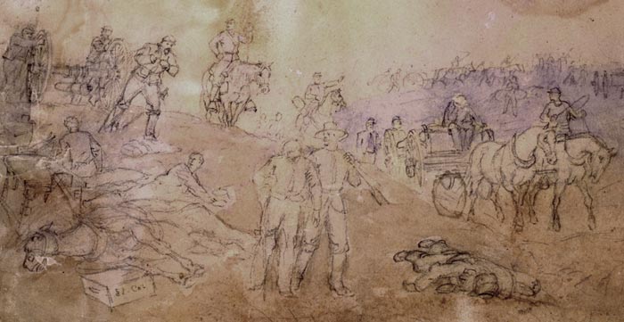 Alfred Waud sketch of artillery moving across Cemetery Hill