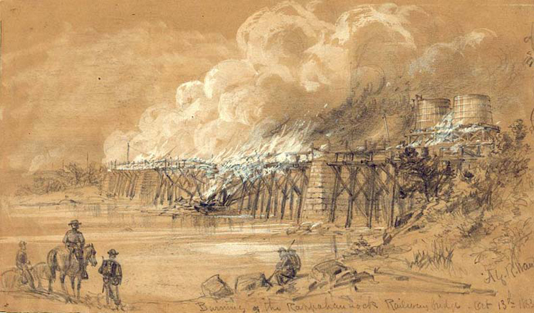 Alfred Waud sketch of the burning railroad bridge over the Rappahannock on Oct 13 1863