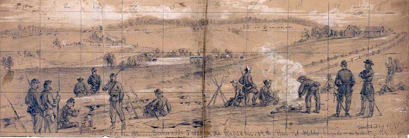 Alfred Waud's sketch of Gen. Webb's infantry picketing Somerville Ford