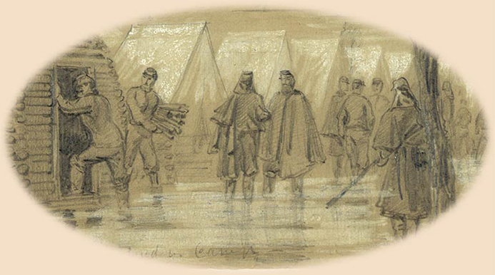 A.R. Waud sketch of a wet encampment with water in the streets