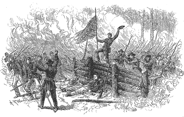 illustration of rebels atop Hancock's breastworks