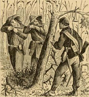 illustration of two rebel soldiers capturing a union soldier in the woods