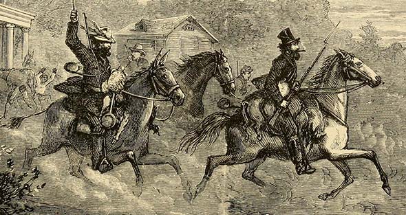 Illustration of group of horseman riding fast