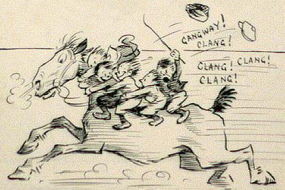 cartoon horse being ridden hard by kids