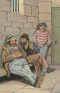 puck cartoon of jail with three inmates