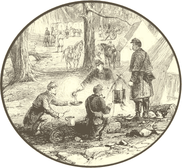Illustration of soldiers around a camp fire in camp
