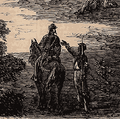 picture, mounted soldier listening to standing soldier