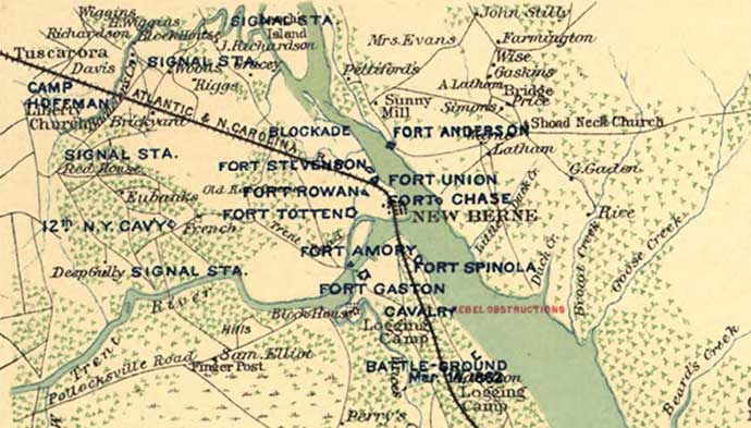 Map showing forts around New Berne