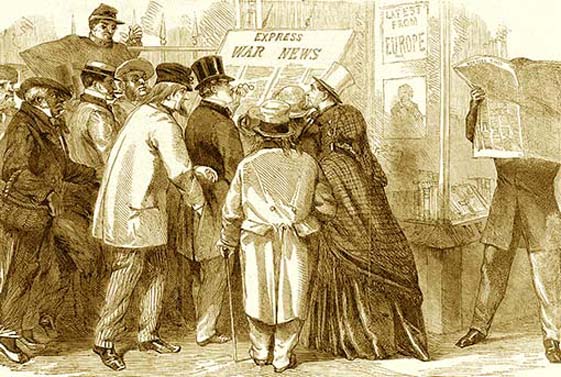 Illustration of people gathered outside a newspaper office seeking news