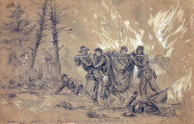A. R. Waud sketch saving wounded from wilderness fires