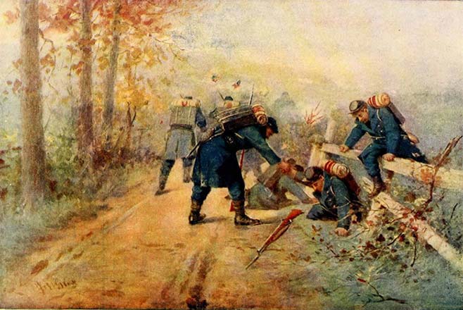 illustration of soldiers passing through a fence in woods